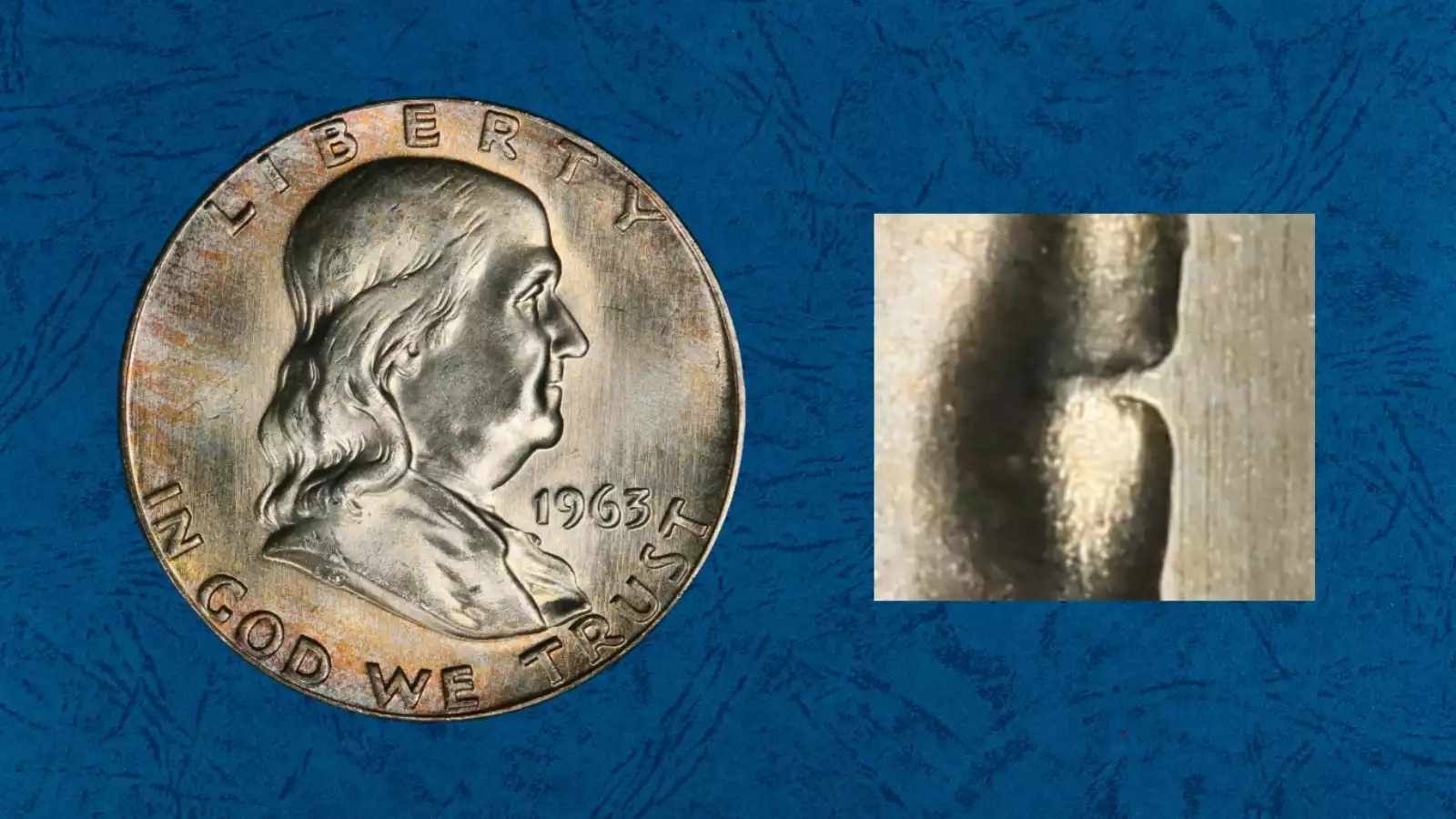 1963 Franklin half dollar Bugs Bunny FS-401 die clash — close-up of raised spike at Franklin's mouth