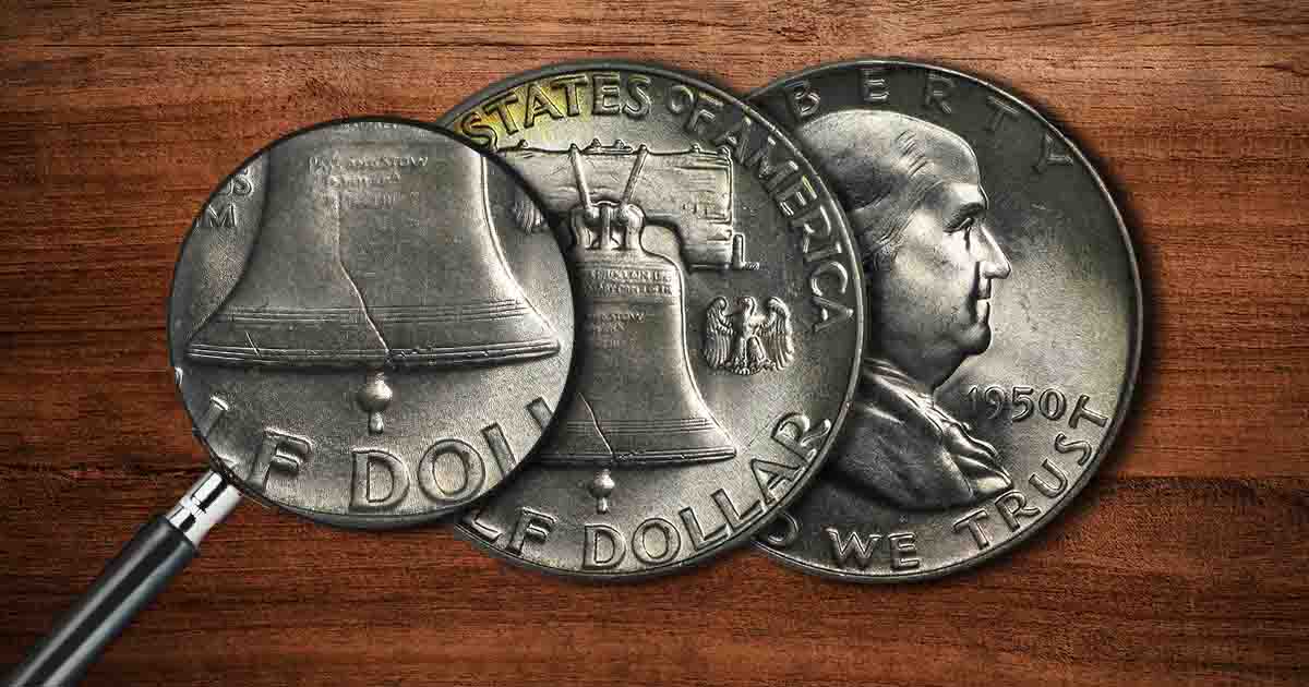 1963 Franklin half dollar Full Bell Lines (FBL) — close-up of Liberty Bell reverse showing sharp, fully separated horizontal bell lines