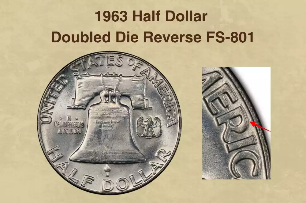 1963 Franklin half dollar Doubled Die Reverse FS-801 — close-up of reverse showing doubling on bell lettering and lines