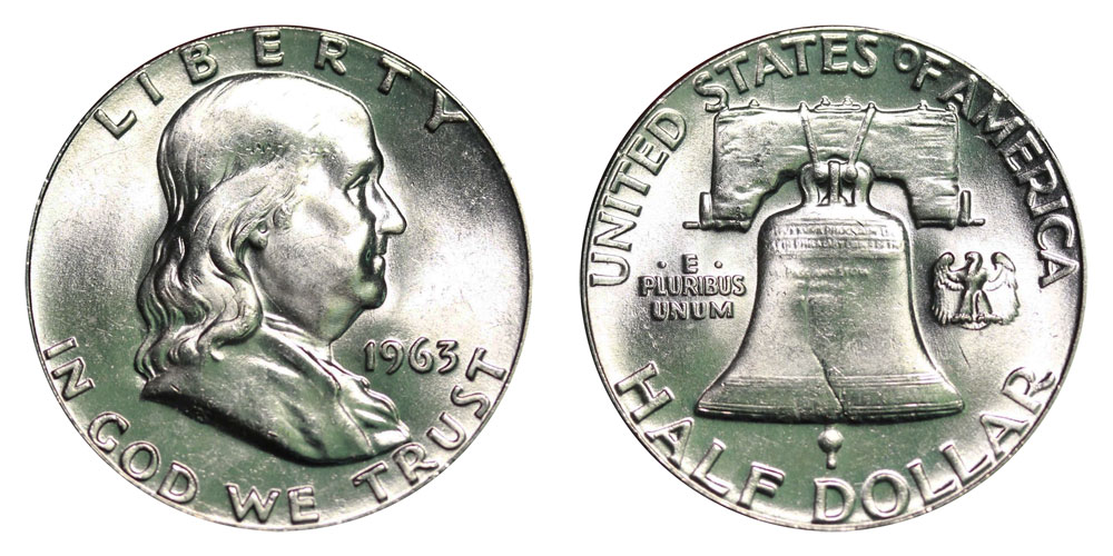1963 Franklin half dollar mintage — group of 1963 Franklin half dollars showing range of grades and conditions